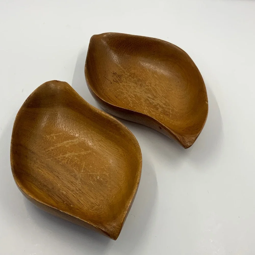 Vintage Hand Carved Monkey Pod Wood Leaf Bowls Set of 2 Mid Century Modern MCM
